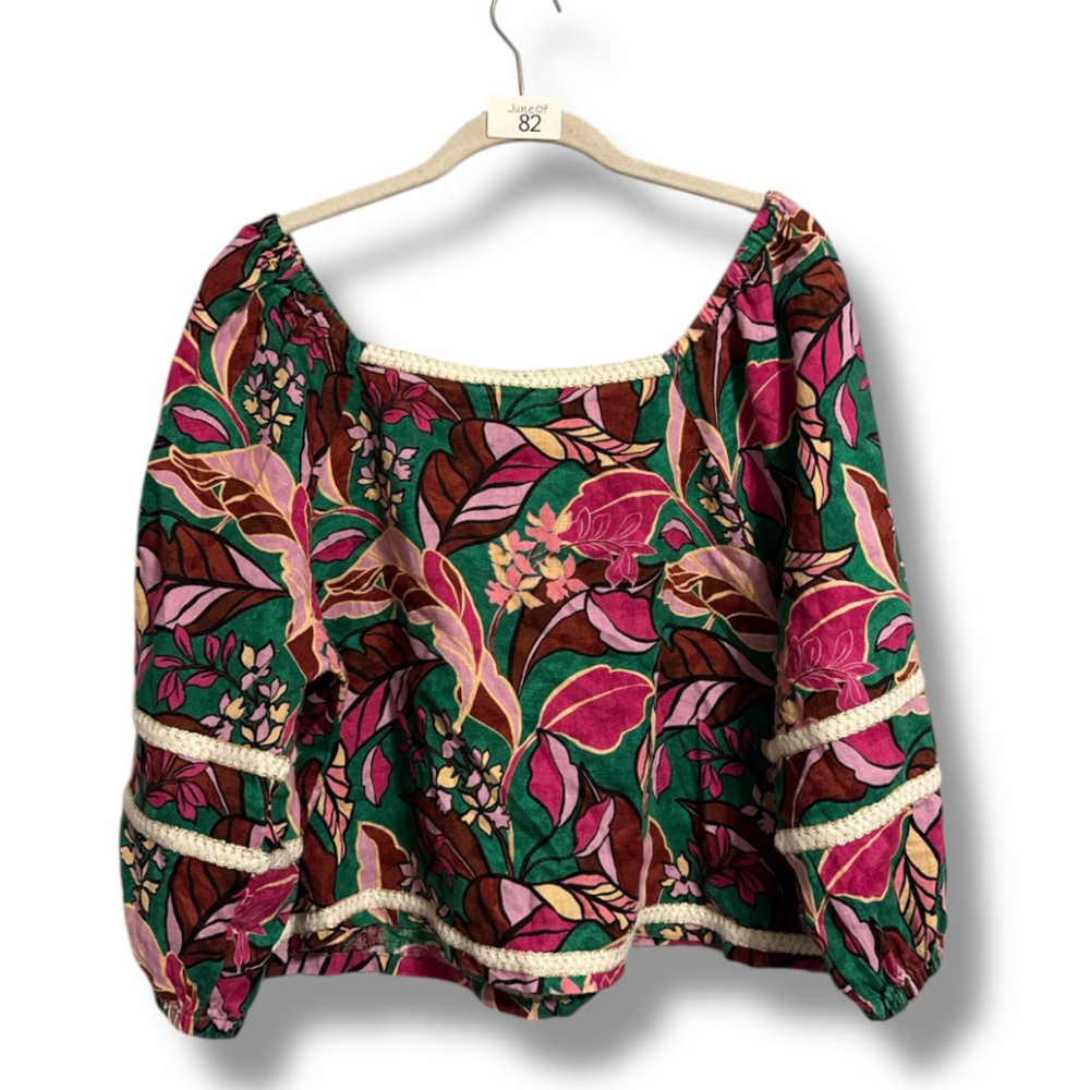 Cynthia Rowley 100% Linen Crop Top Size L Tropical Boho Cottagecore Peasant
